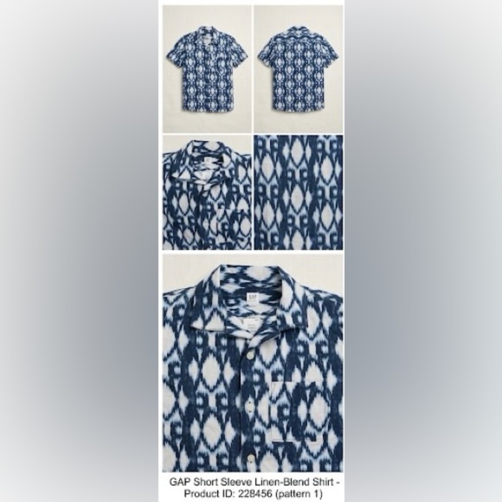 GAP Navy and White Ikat Short Sleeve Button-Down Shirt